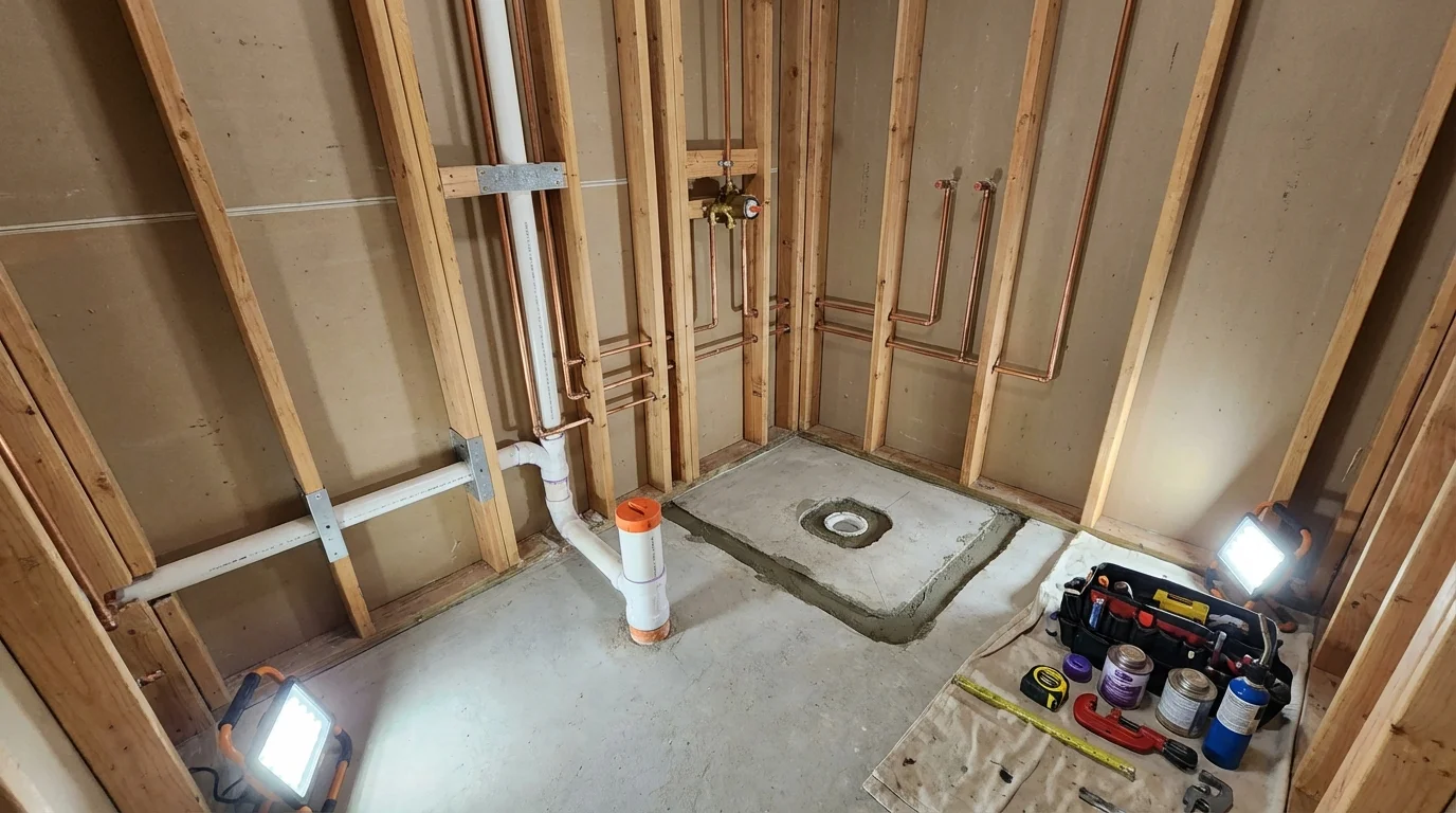 Bathroom rough-in plumbing during remodel by Johns Plumbing LLC in Tonkawa