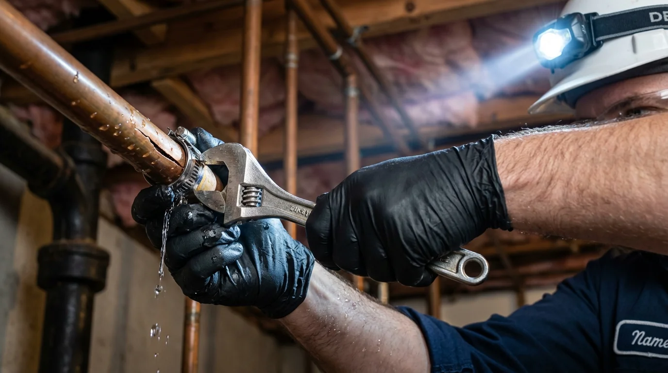 Emergency pipe clamp repair being performed by a Johns Plumbing LLC plumber in Tonkawa