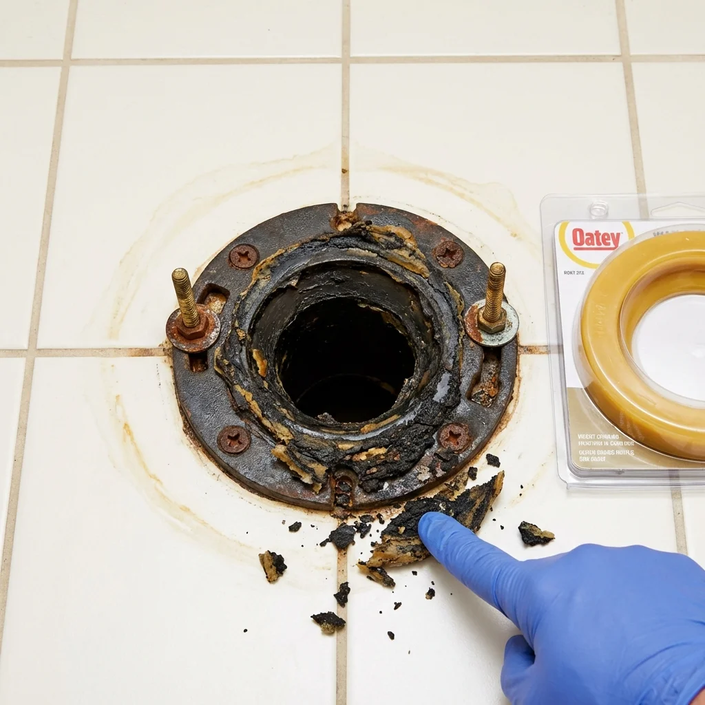 Failed wax ring showing water seepage at the base of a toilet in a Tonkawa, OK home