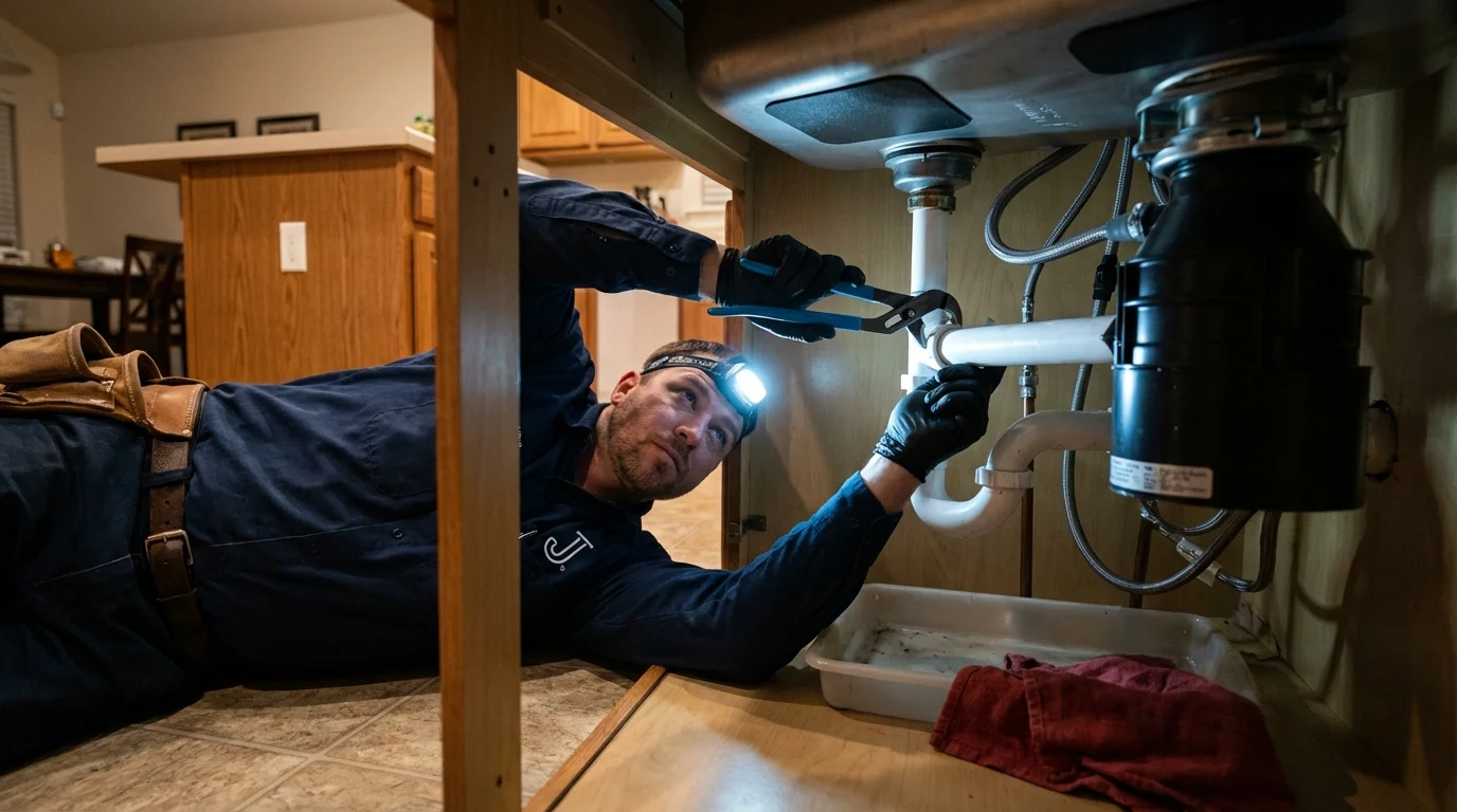 P-trap and supply line connections under a kitchen sink showing a common leak point in Tonkawa, OK